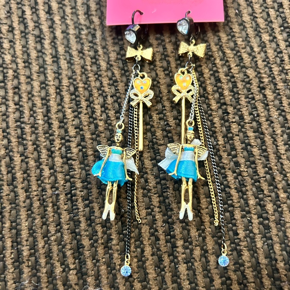 Betsey Johnson Gold Tone Blue Fairy Drop Earrings NWT